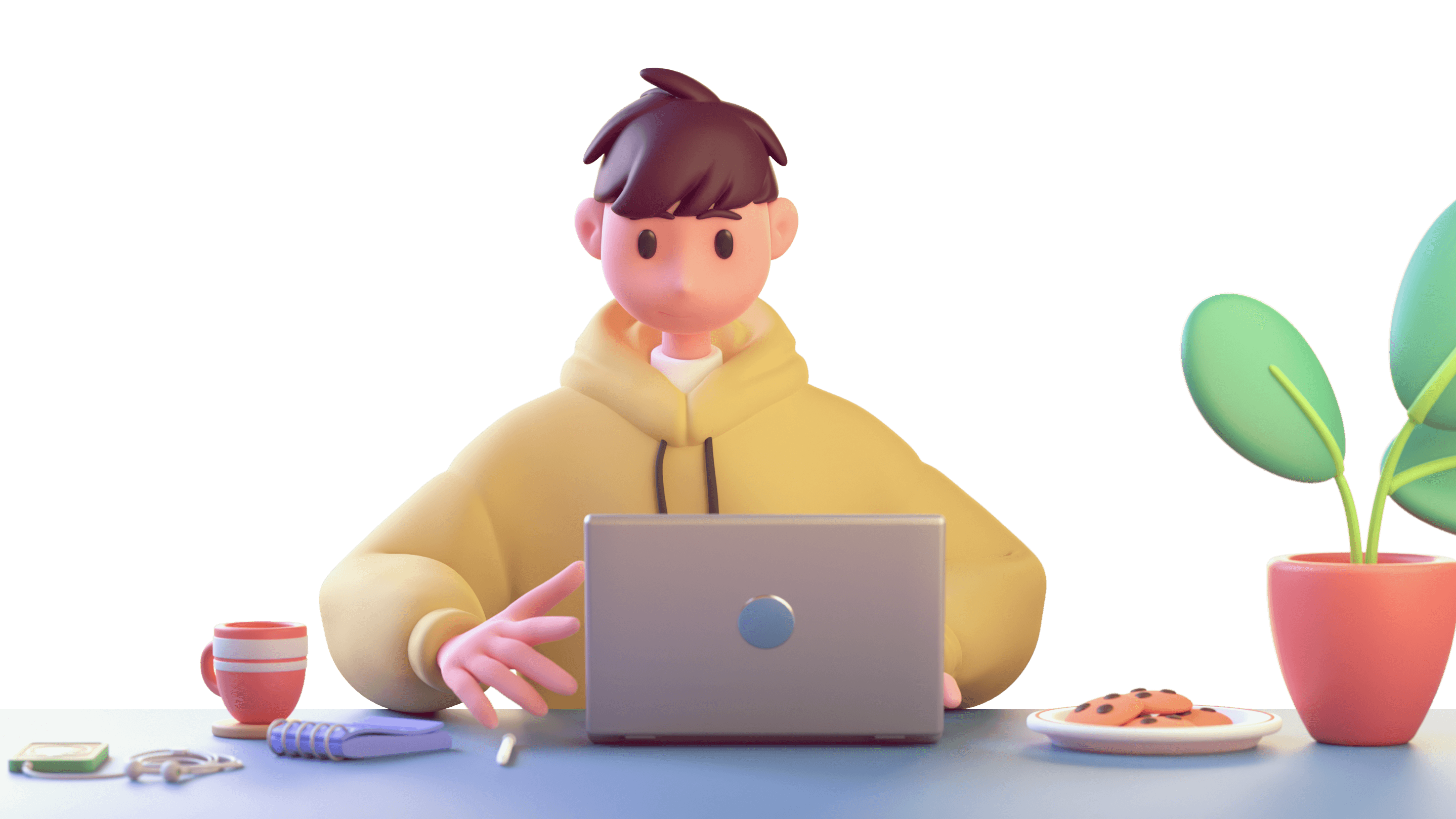 3d animacinis berniukas sėdintis prie nešiojamo kompiuterio