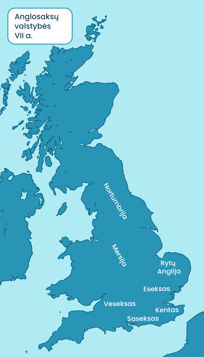 Anglosaksų valstybės VII a. pab. Pažymėtos: Nortrumbrija, Mersija, Rytų Anglija, Eseksas, Veseksas, Saseksas, Kentas.