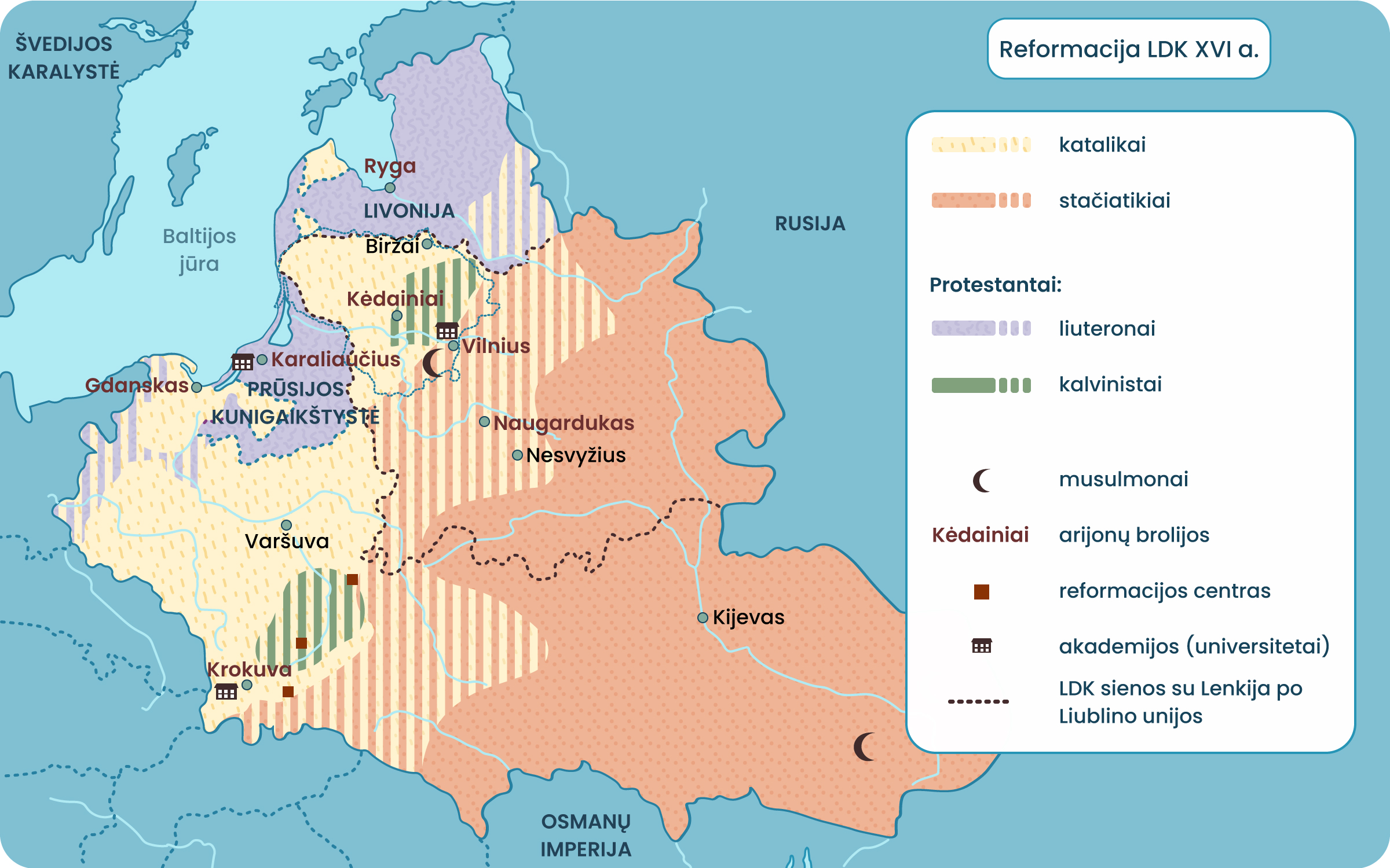 Reformacija LDK XVI amžiuoja vaizduojantis žemėlapis. 