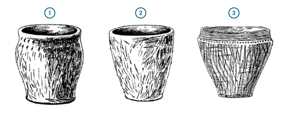 Trijų brūkšniuotosios keramikos dirbinių iliustracijos: 
1. S raidės pavidalo puodynė 
2. statinaitės pavidalo puodas 
3. briaunuotas puodas
