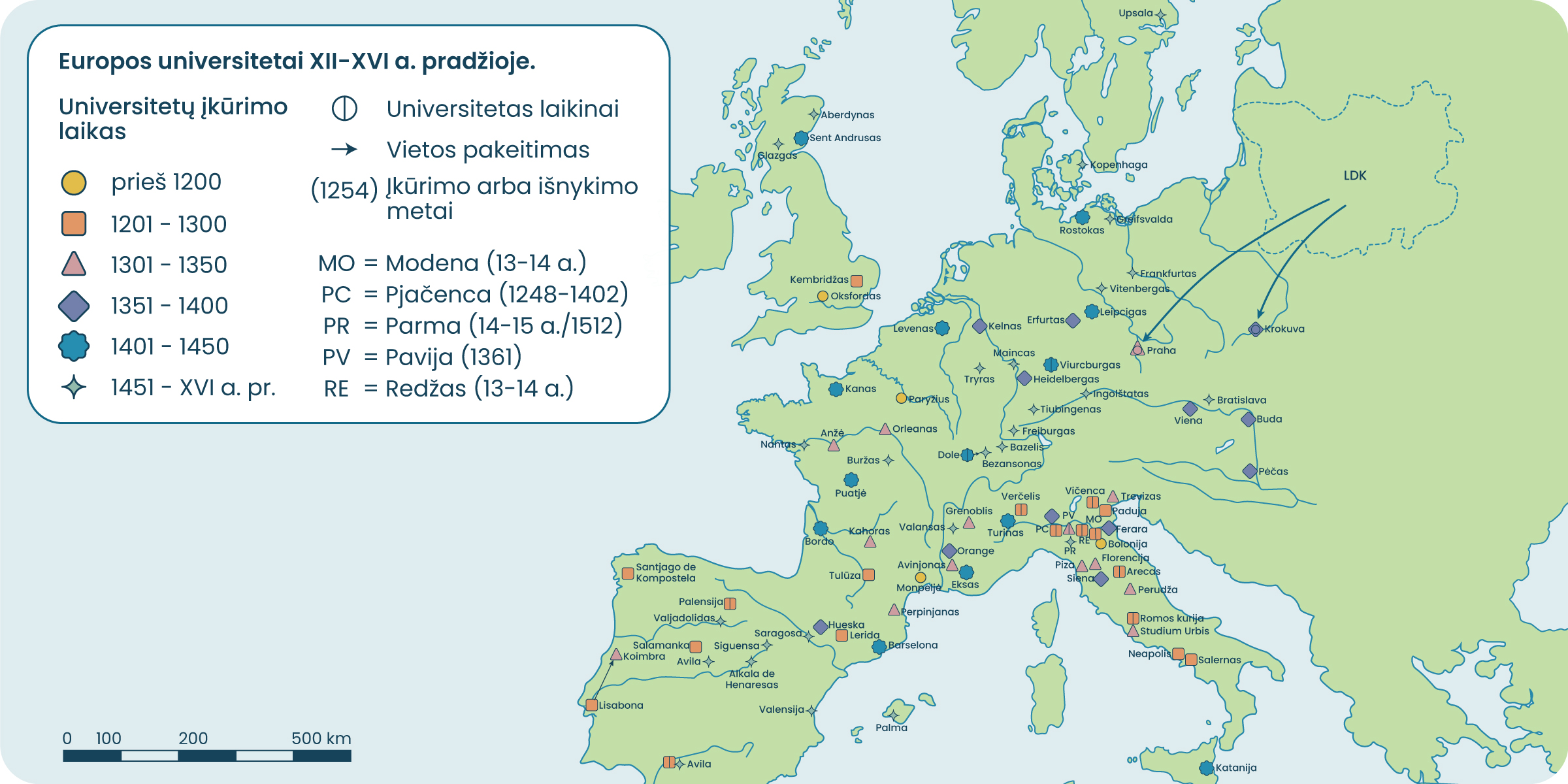 Europos universitetų XII–XVI amžiaus pradžioje žemėlapis