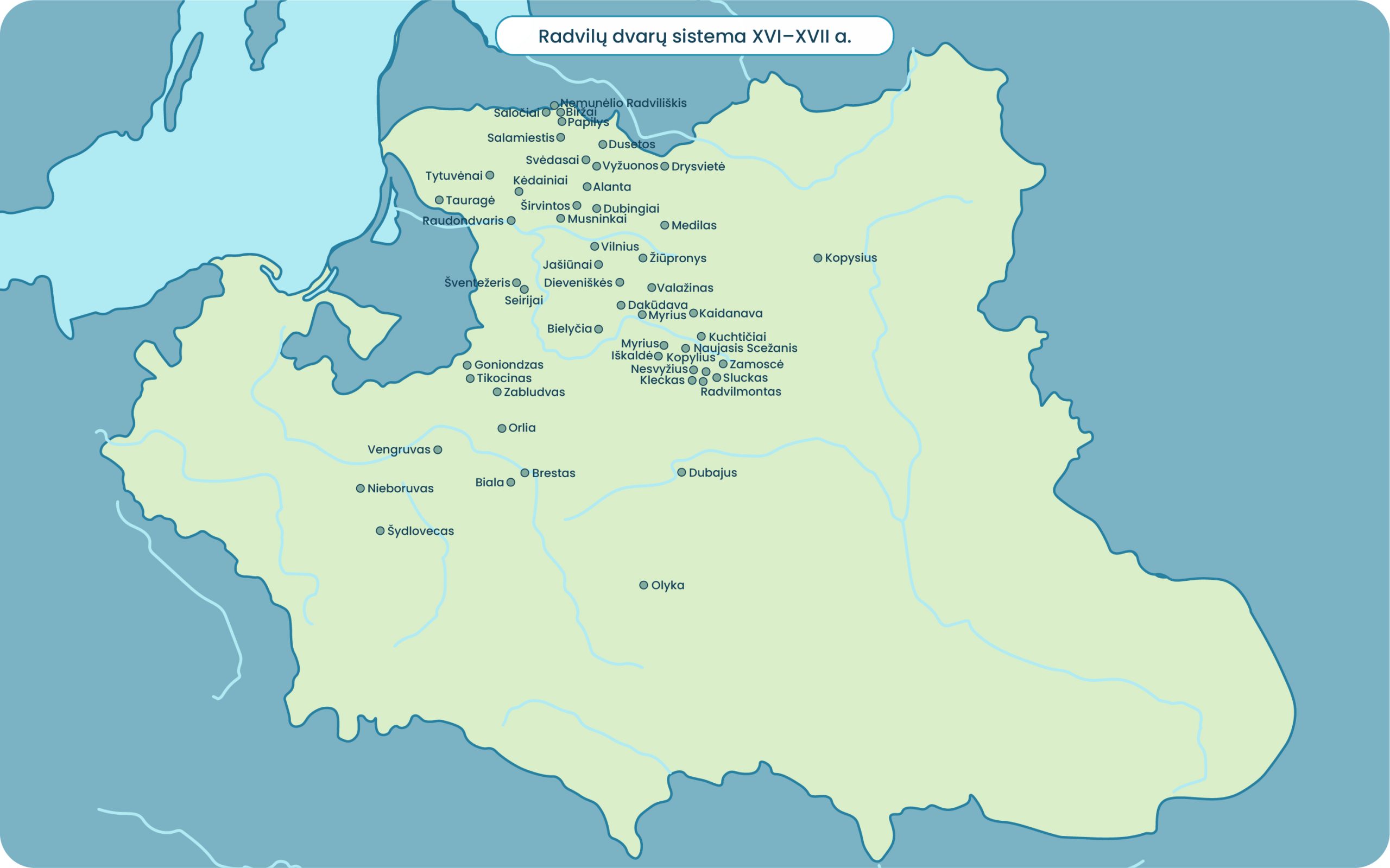 Radvilų giminės dvarų XVI–XVII amžiuje žemėlapis