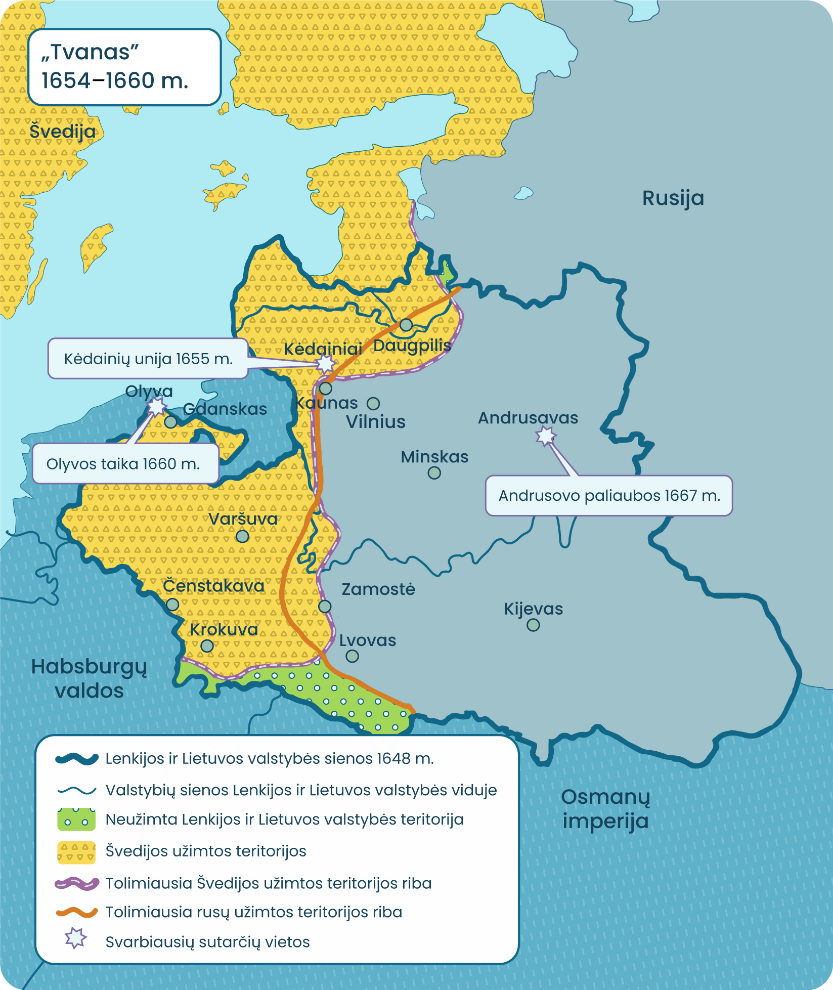 Tvano 1655-1661 m. žemėlapis. Jame pažymėtos svarbiausių sutarčių vietos - Kėdainių unija 1655 m., Andrusovo paliaubos 1667 m., Olyvos taika 1660 m.