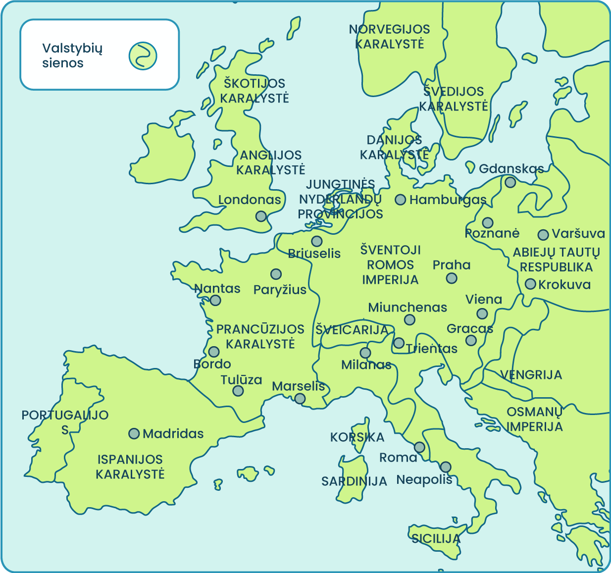 XVI a. Europos žemėlapis, kuriame pažymėtos: Norvegijos karalystė, Škotijos karalystė, Anglijos karalystė, Danijos karalystė, Jungtinės Nyderlandų Provincijos, Abiejų Tautų Respublika, Šventoji romos imperija, Prancūzijos karalystė, Ispanijos karalystė, Vengrija, Osmanų imperija ir kt.